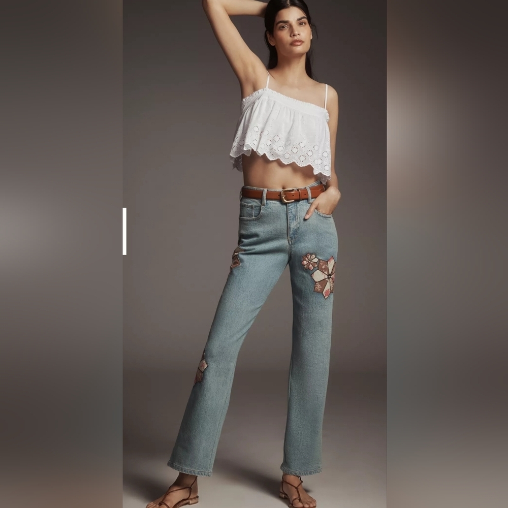 Pilcro Light Blue Embroidered Straight Leg Jeans